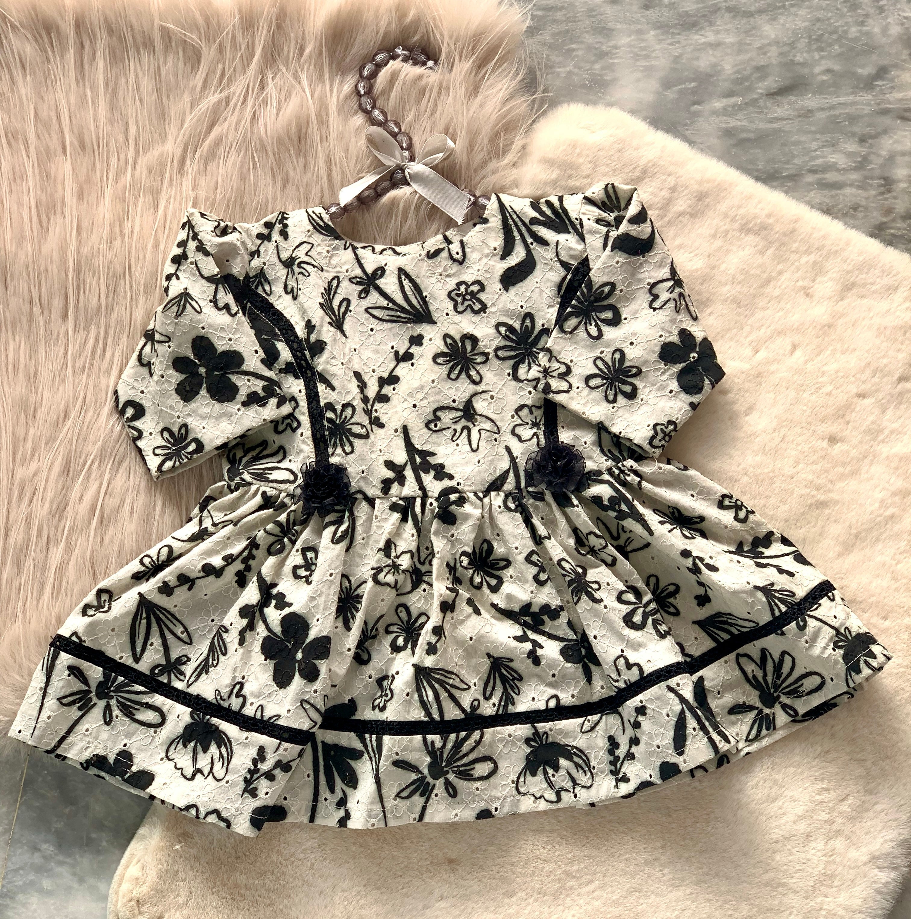 0702-Black and white CHIKANKARI LAWN Baby Girl Frock