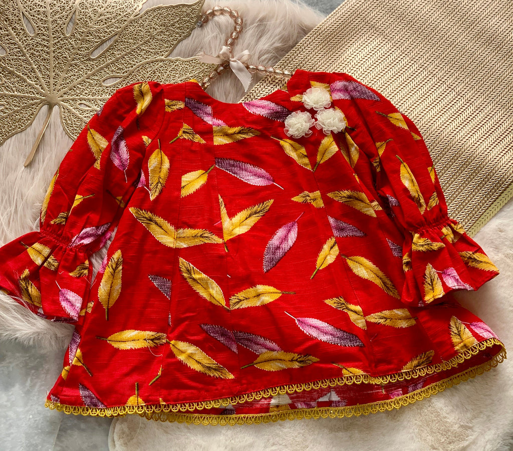 0389-Baby Girl - Red with Leaf pattern Khaddar Frock