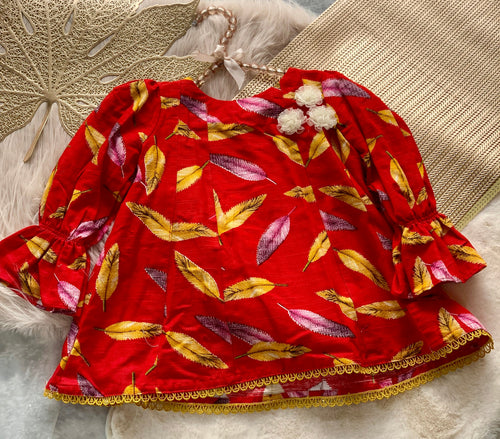 0389-Baby Girl - Red with Leaf pattern Khaddar Frock