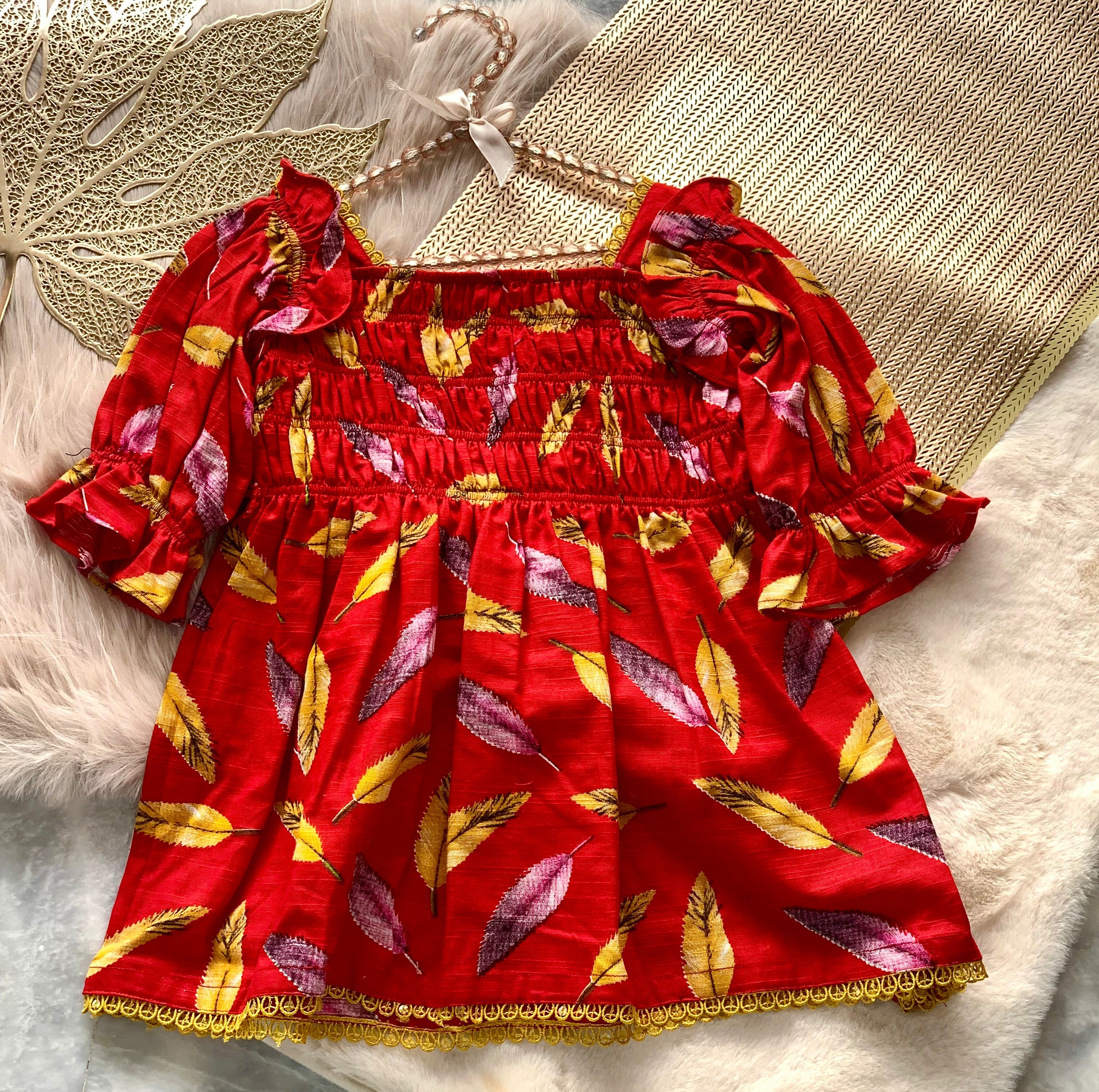 0389-Baby Girl - Red with Leaf pattern Khaddar Frock
