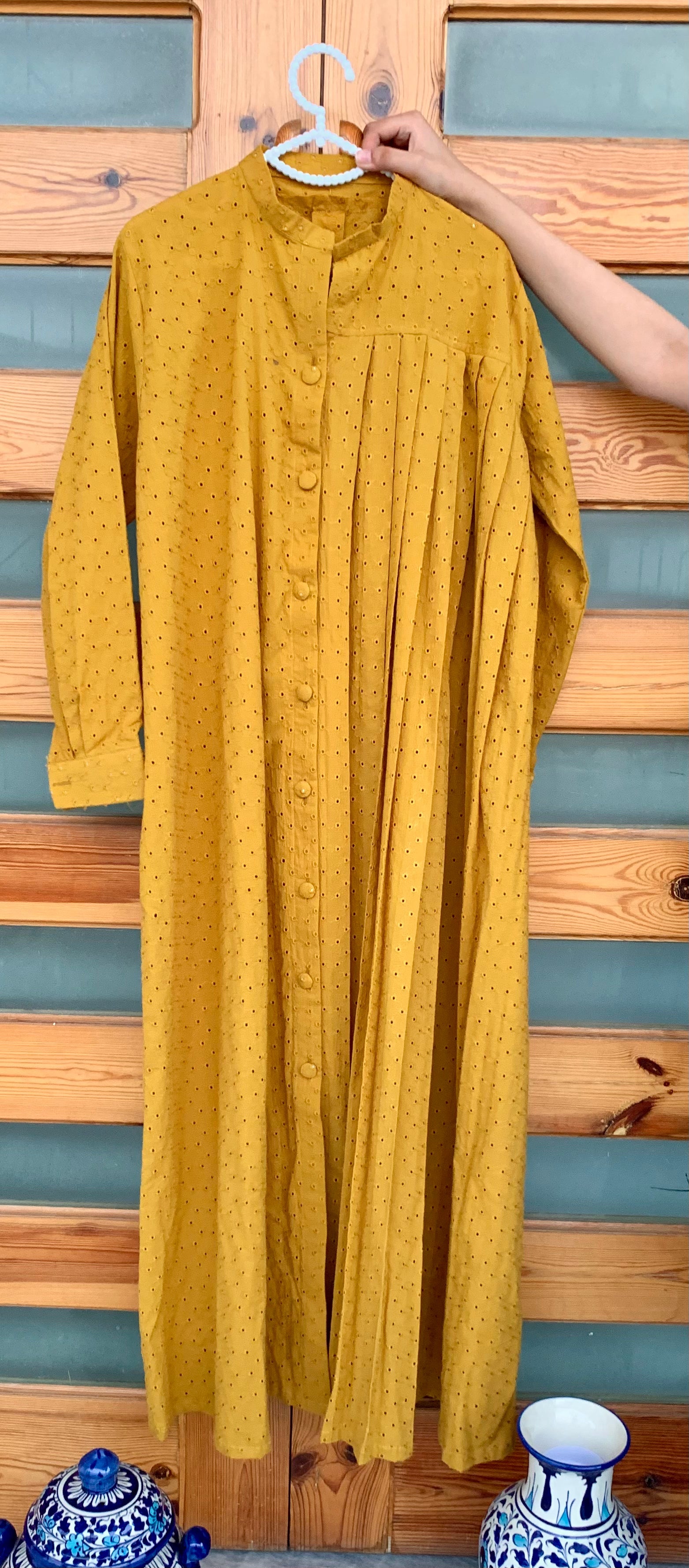 0990- MUSTARD CHIKANKARI GOWN